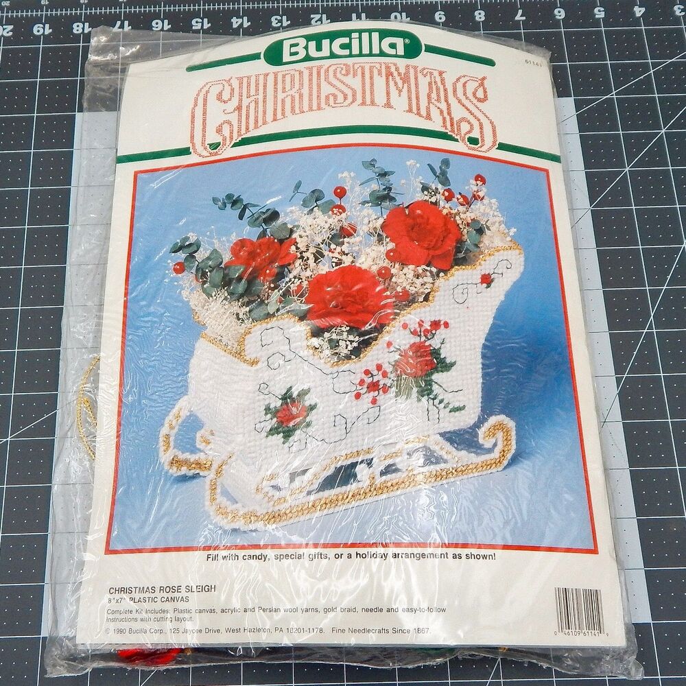 Bucilla Christmas Rose Sleigh Needlepoint Kit 1990 Plastic Canvas 61141 Vintage